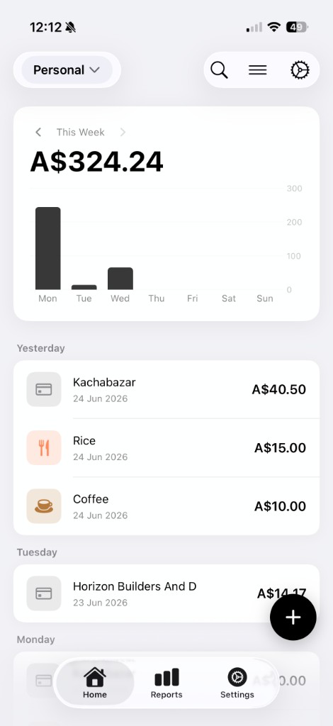 TapXpense dashboard screen