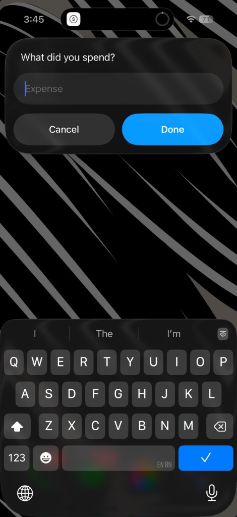 TapXpense quick log screen