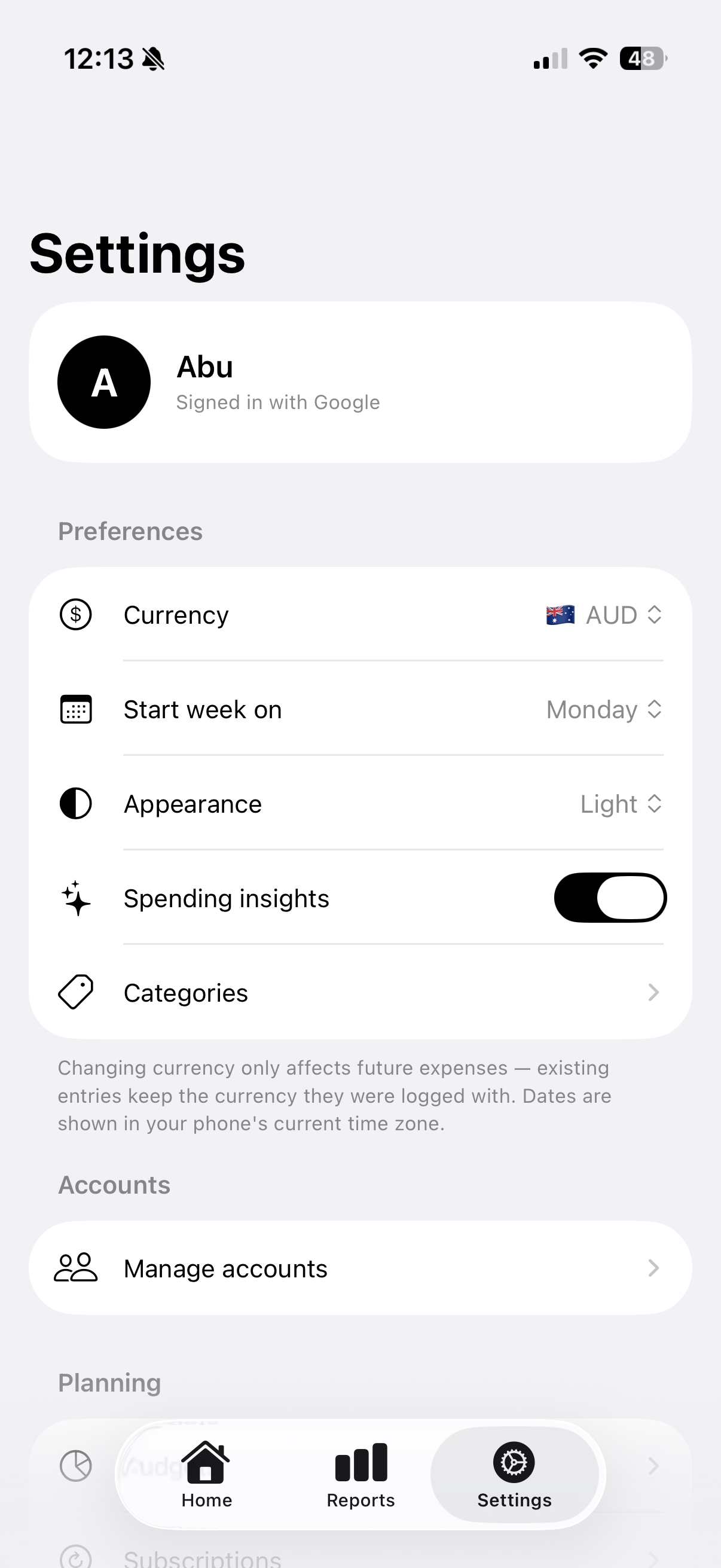 TapXpense settings screen